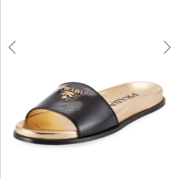 Prada Shoes - Prada Patent Saffiano Logo Pool Slide Sandal